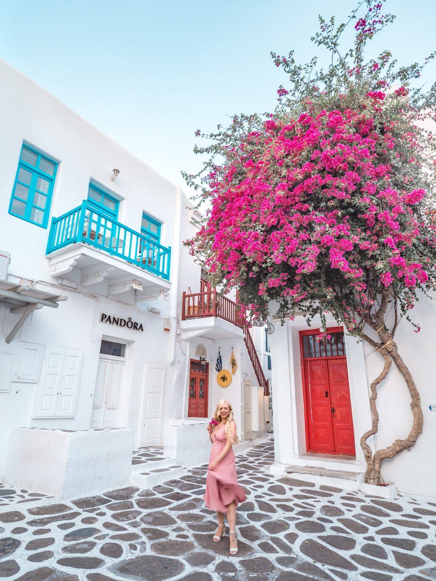 The Pandora store with it's cobbled front and beautiful Bougainvillea make for one of the most instagrammable places in Mykonos. Click the photo to see the rest of my list of the most instagrammable places in Mykonos! 