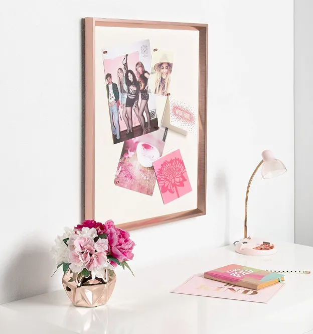 Rose gold office supplies to brighten your office space - Rose gold framed bulletin board
