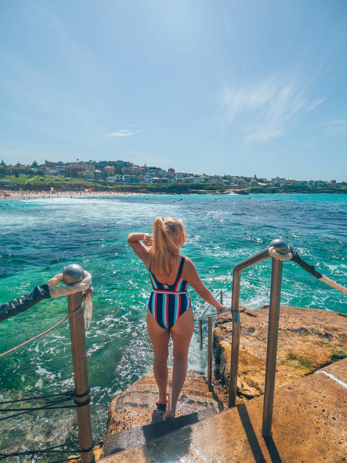 Striped nautical inspired Cupshe swimsuit worn in Sydney, Australia