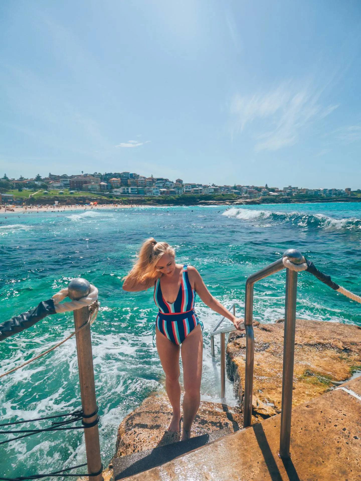 The perfect ultra-flattering striped nautical Cupshe swimsuit worn in Sydney, Australia