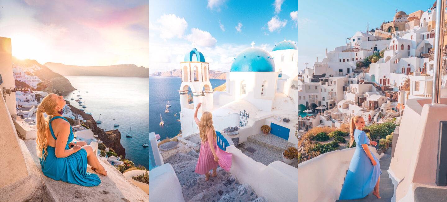 The best photo spots and most instagrammable places in Santorini: Blue Domes of Oia. Click the photo to see the rest of my list of the best instagram photo spots in Santorini!