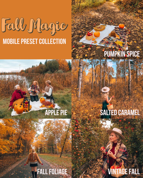 Get the perfect fall aesthetic with this collection of fall Lightroom presets for mobile! One click editing made easy. These autumn lightroom presets work on phone photos, JPEG and raw. They will give your photos a warm and cozy fall aesthetic. Major fall inspiration! Collection of 5 mobile presets that will transform your photos.