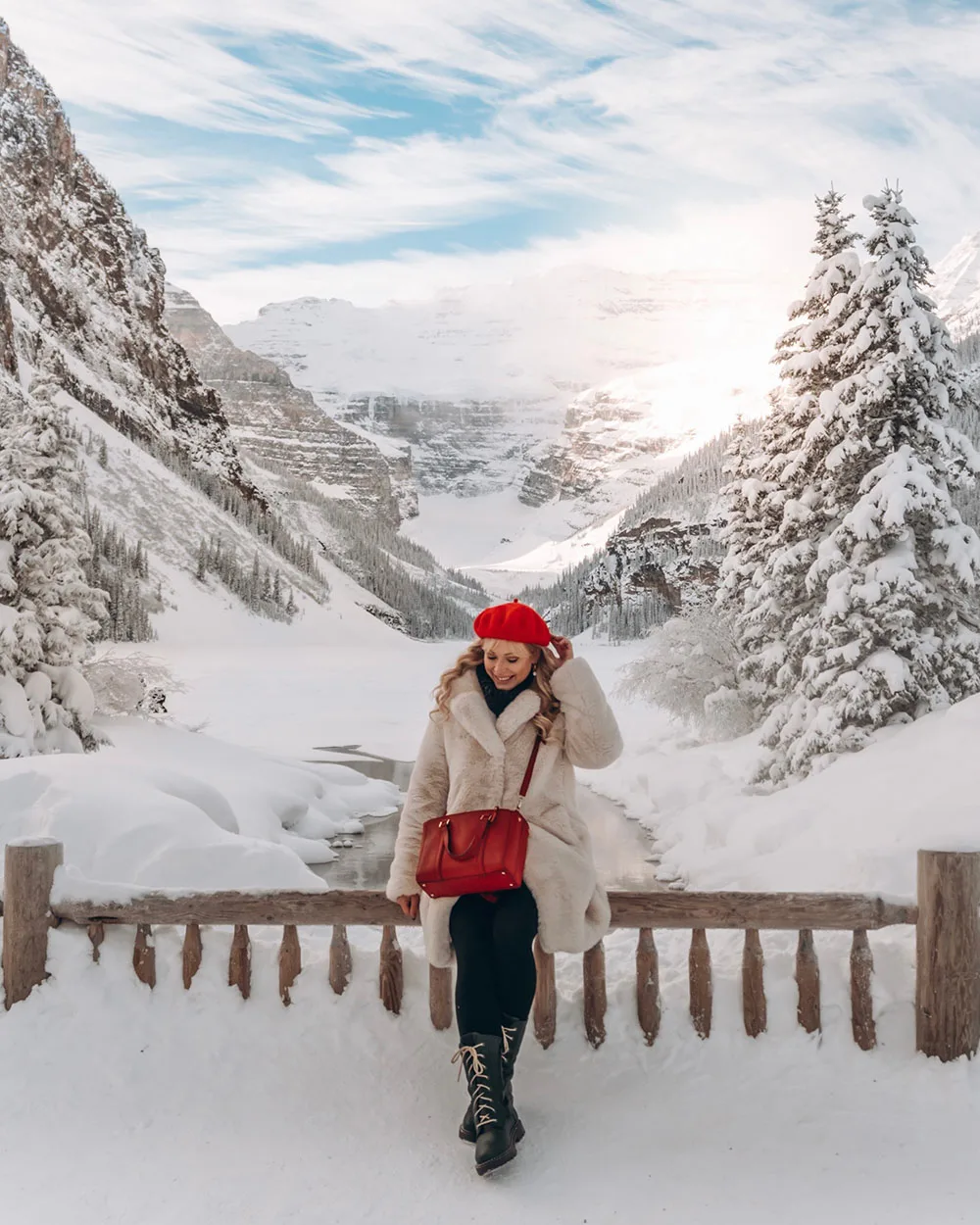 downtown BANFF in alberta, canada, oversized scarf, sorel boots, winter  outfit idea