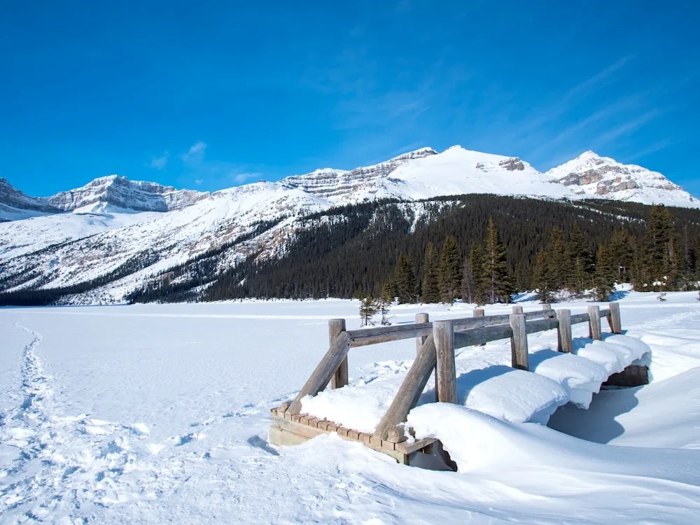 Banff in winter is absolutely magical! From the snow covered mountains to the stunning frozen lakes, charming log cabins and winter wildlife, there is just so much to experience in Banff in winter. If you’re planning a trip to Banff soon with the goal of taking some amazing winter pictures, you won’t want to miss this guide to the best spots for winter photos in Banff National Park. Pictured here: Bow Lake