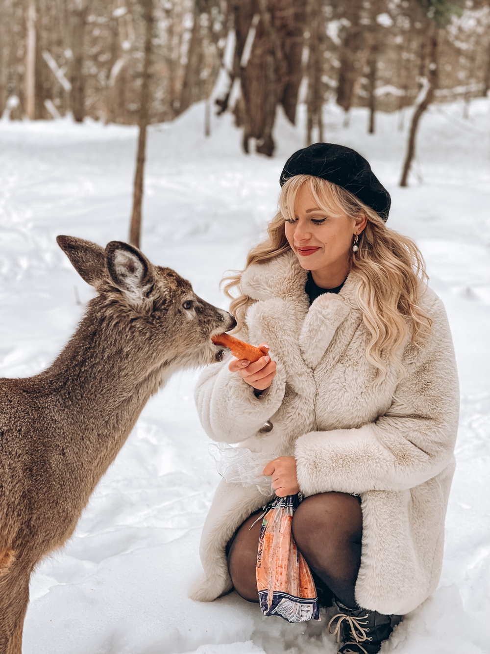 A woman in a cream coat feeding a deer a carrot at Parc Omega with snowy trees in the background.